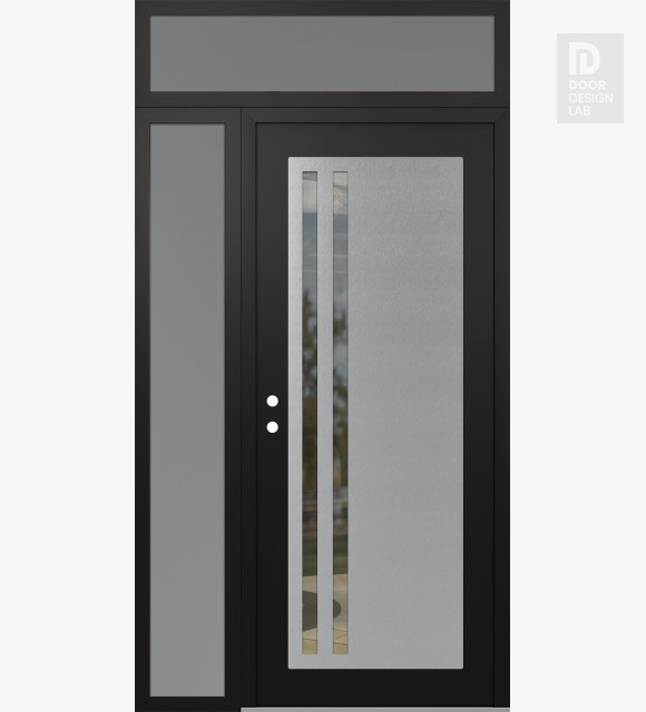 Modern Steel Front Door Diamond C6 50" x 96" black/black clear Glass Panel stainless steel RHI with Sidelite and Transom frosted Glass