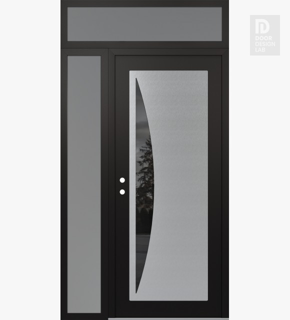 Modern Steel Front Door Diamond C13 50" x 96" black/black mirrored Glass Panel stainless steel RHI with Sidelite and Transom frosted Glass