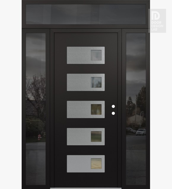 Modern Steel Front Door Diamond D2 60" x 96" black/black clear Glass Panel stainless steel LHI with 2 Sidelites and Transom mirrored Glass