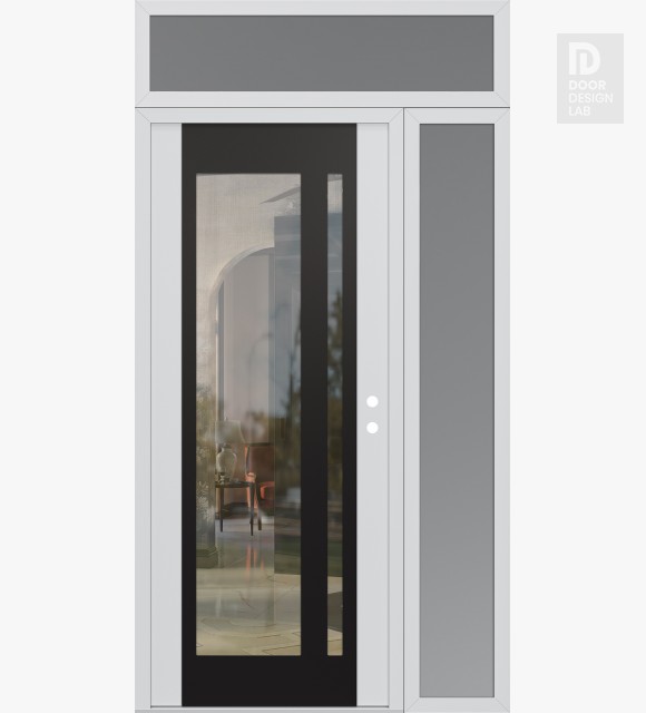 Modern Steel Front Door Diamond C15 50" x 96" white/white clear Glass Panel black LHI with Sidelite and Transom frosted Glass