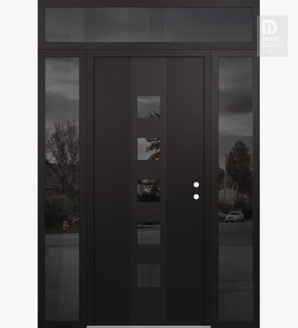 Modern Steel Front Door DIAMOND A13 68" X 96" BLACK/BLACK MIRRORED GLASS PANEL BLACK LHI WITH 2 SIDELITES AND TRANSOM MIRRORED GLASS