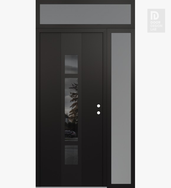 Modern Steel Front Door DIAMOND A9 52" X 96" BLACK/BLACK MIRRORED GLASS PANEL BLACK LHI WITH SIDELITE AND TRANSOM FROSTED GLASS