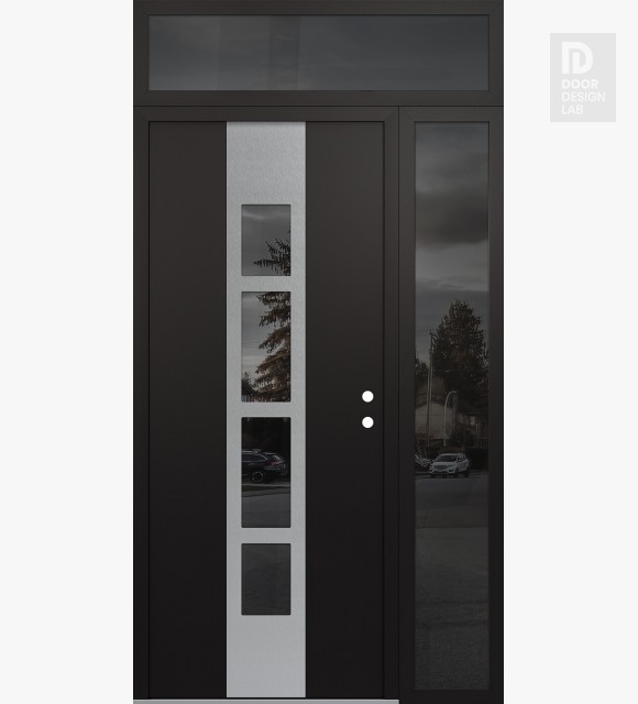 Modern Steel Front Door DIAMOND A10 48" X 96" BLACK/BLACK MIRRORED GLASS PANEL STAINLESS STEEL LHI WITH SIDELITE AND TRANSOM MIRRORED GLASS