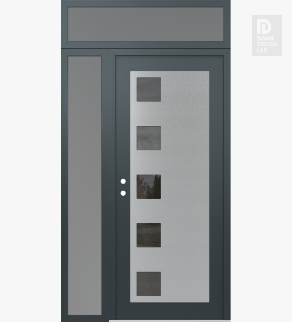 Modern Steel Front Door Diamond C5 48" x 96" anthracite/anthracite mirrored Glass Panel stainless steel RHI with Sidelite and Transom frosted Glass