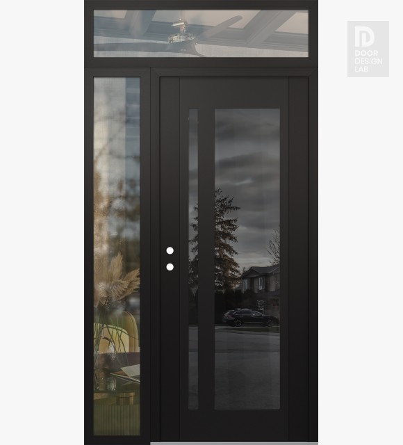 Modern Steel Front Door Diamond C15 48" x 96" black/black mirrored Glass Panel black RHI with Sidelite and Transom clear Glass