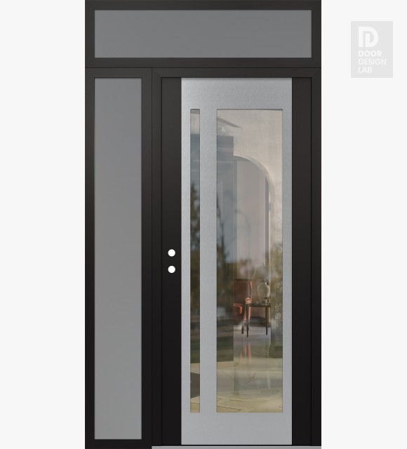 Modern Steel Front Door Diamond C15 52" x 96" black/black clear Glass Panel stainless steel RHI with Sidelite and Transom frosted Glass