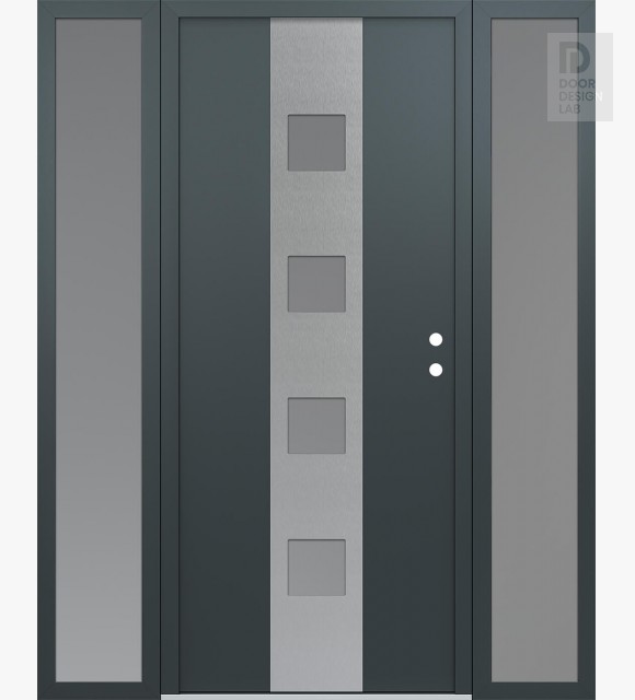 Modern Steel Front Door DIAMOND A12 60" X 80" ANTHRACITE/ANTHRACITE FROSTED GLASS PANEL STAINLESS STEEL LHI WITH 2 SIDELITES FROSTED GLASS