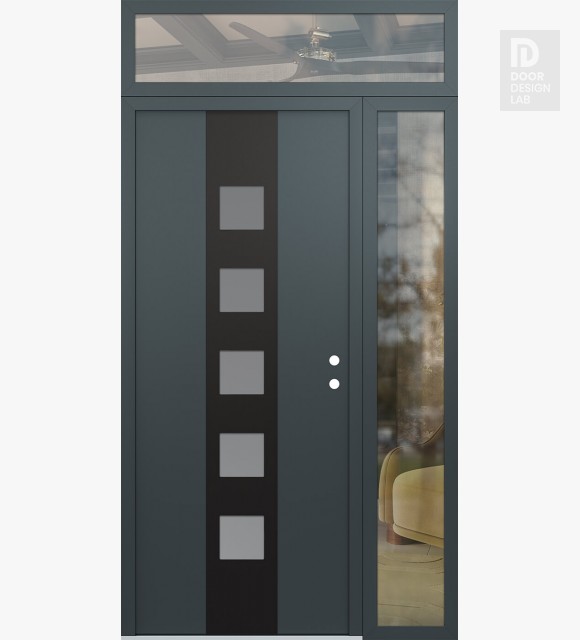 Modern Steel Front Door DIAMOND A13 48" X 96" ANTHRACITE/ANTHRACITE FROSTED GLASS PANEL BLACK LHI WITH SIDELITE AND TRANSOM CLEAR GLASS