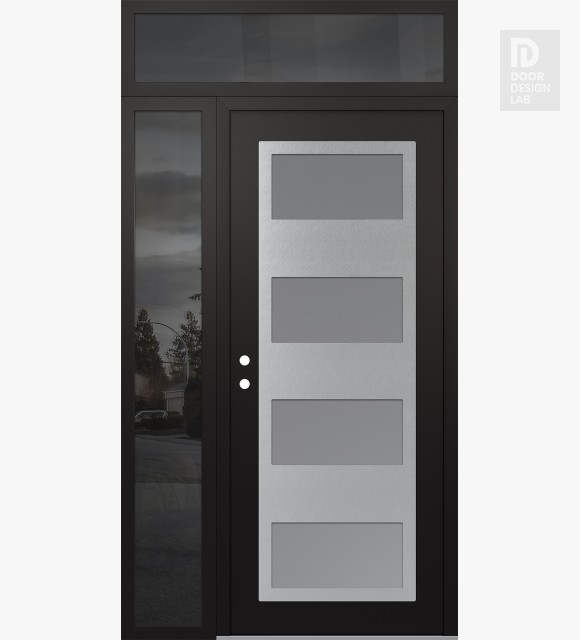 Modern Steel Front Door Diamond C2 48" x 96" black/white frosted Glass Panel stainless steel RHI with Sidelite and Transom mirrored Glass