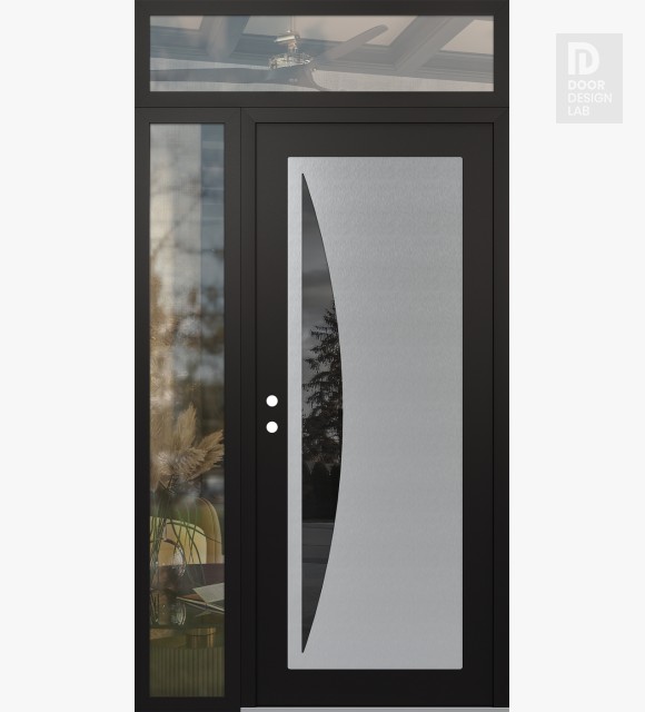 Modern Steel Front Door Diamond C13 48" x 96" black/black mirrored Glass Panel stainless steel RHI with Sidelite and Transom clear Glass