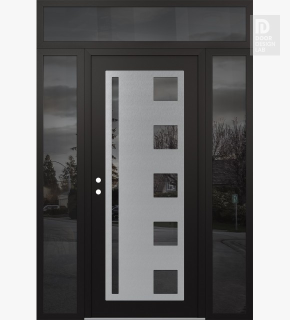 Modern Steel Front Door Diamond C3 60" x 96" black/black mirrored Glass Panel stainless steel RHI with 2 Sidelites and Transom mirrored Glass
