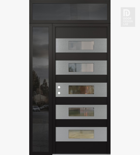 Modern Steel Front Door Diamond D5 52" x 96" black/black clear Glass Panel stainless steel RHI with Sidelite and Transom mirrored Glass