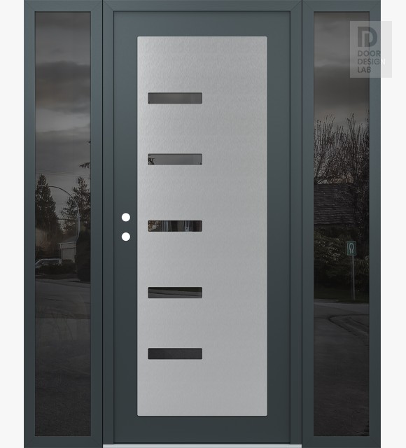Modern Steel Front Door Diamond C8 60" x 80" anthracite/anthracite mirrored Glass Panel stainless steel RHI with 2 Sidelites mirrored Glass