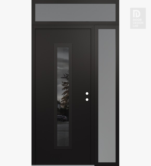 Modern Steel Front Door DIAMOND A11 48" X 96" BLACK/BLACK MIRRORED GLASS PANEL BLACK LHI WITH SIDELITE AND TRANSOM FROSTED GLASS