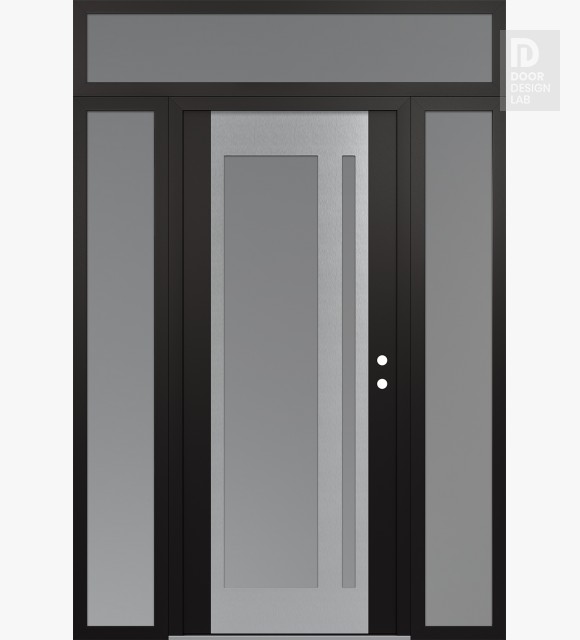 Modern Steel Front Door Diamond C15 60" x 96" black/white frosted Glass Panel stainless steel LHI with 2 Sidelites and Transom frosted Glass