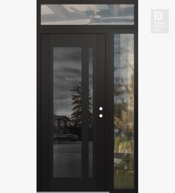 Modern Steel Front Door Diamond C15 50" x 96" black/black mirrored Glass Panel black LHI with Sidelite and Transom clear Glass