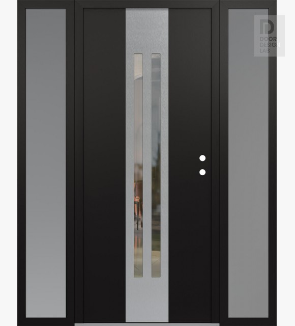Modern Steel Front Door DIAMOND A8 68" X 80" BLACK/BLACK CLEAR GLASS PANEL STAINLESS STEEL LHI WITH 2 SIDELITES FROSTED GLASS