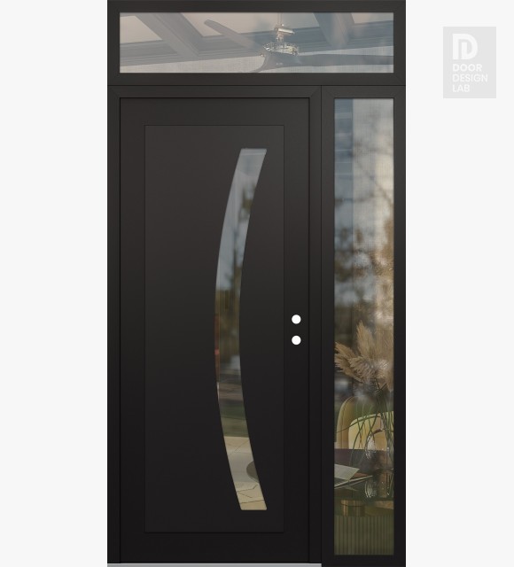 Modern Steel Front Door Diamond C4 48" x 96" black/black clear Glass Panel black LHI with Sidelite and Transom clear Glass