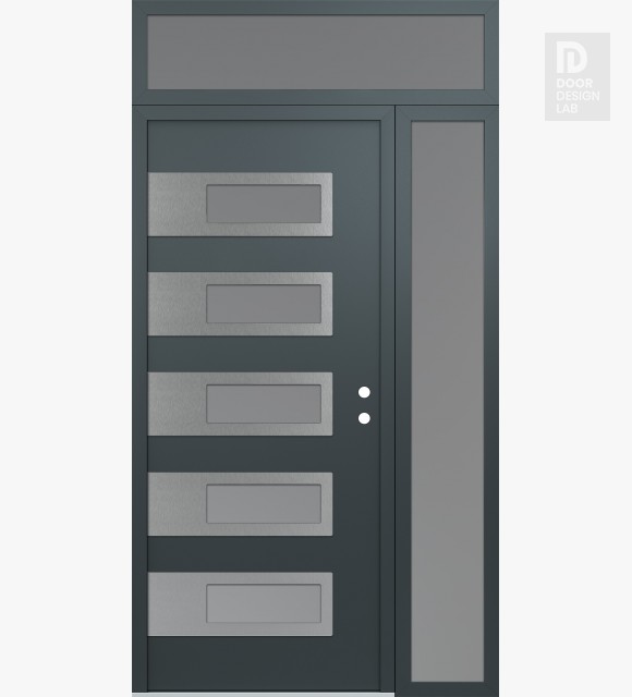 Modern Steel Front Door Diamond D3 48" x 96" anthracite/anthracite frosted Glass Panel stainless steel LHI with Sidelite and Transom frosted Glass