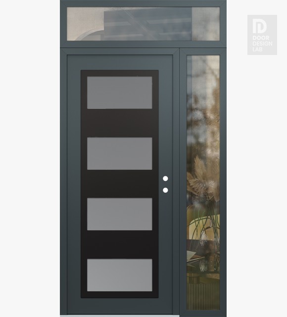 Modern Steel Front Door Diamond C2 52" x 96" anthracite/anthracite frosted Glass Panel black LHI with Sidelite and Transom clear Glass