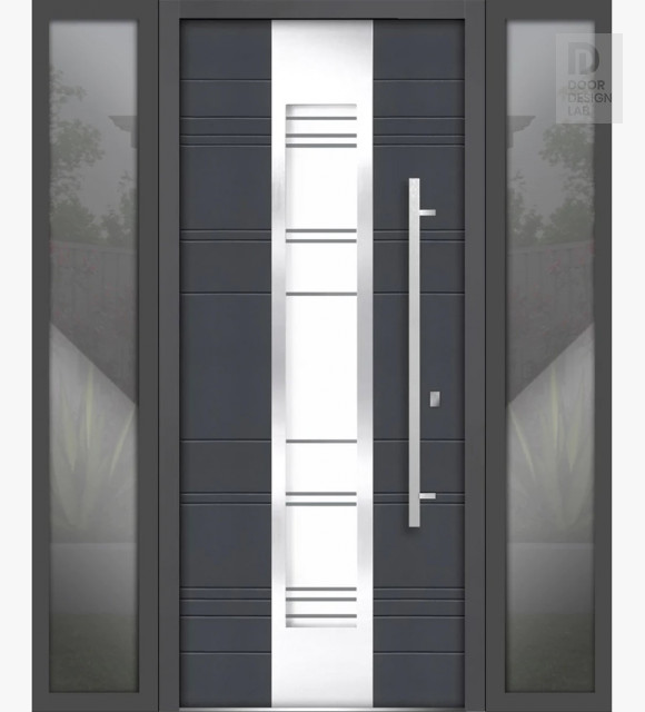 Front Exterior Prehung Steel Door / Deux 0757 Gray Graphite / 2 Side Exterior Windows / Stainless Inserts Single Modern Painted-W14+36+14" x H80"-Left-hand Inswing