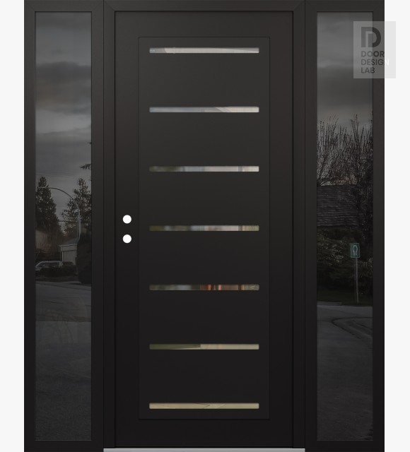 Modern Steel Front Door Diamond C11 60" x 80" black/black clear Glass Panel black RHI with 2 Sidelites mirrored Glass