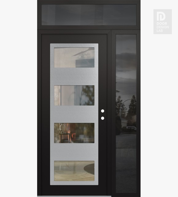 Modern Steel Front Door Diamond C2 50" x 96" black/black clear Glass Panel stainless steel LHI with Sidelite and Transom mirrored Glass