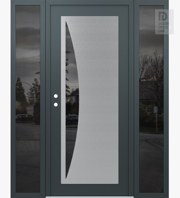Modern Steel Front Door Diamond C13 64" x 80" anthracite/anthracite mirrored Glass Panel stainless steel RHI with 2 Sidelites mirrored Glass