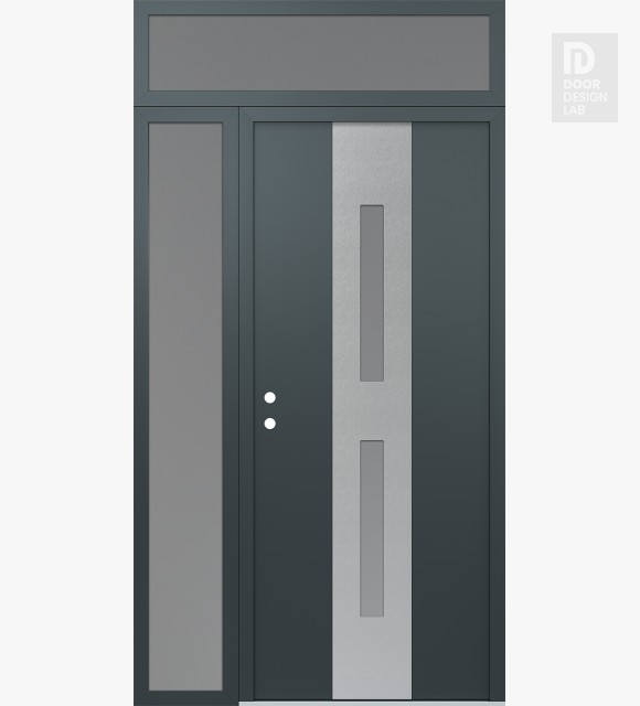 Modern Steel Front Door DIAMOND A6 48" X 96" ANTHRACITE/ANTHRACITE FROSTED GLASS PANEL STAINLESS STEEL RHI WITH SIDELITE AND TRANSOM FROSTED GLASS
