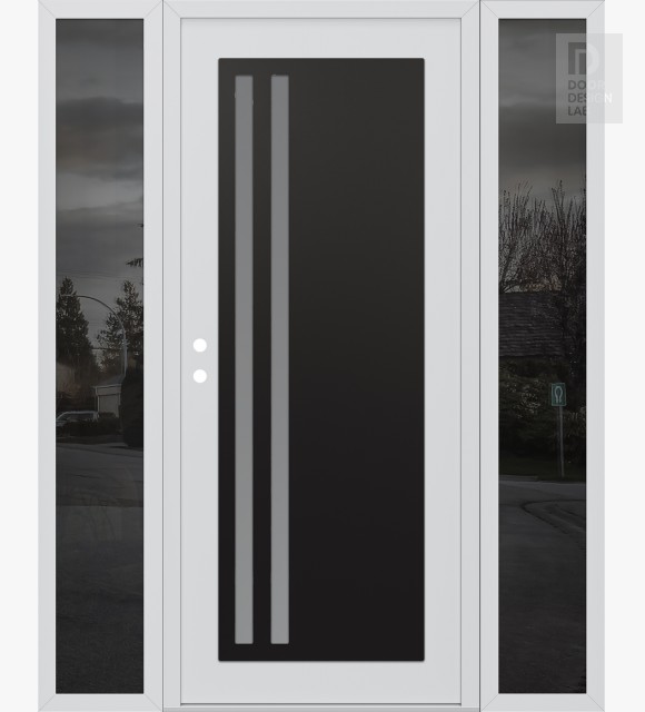 Modern Steel Front Door Diamond C6 64" x 80" white/white frosted Glass Panel black RHI with 2 Sidelites mirrored Glass