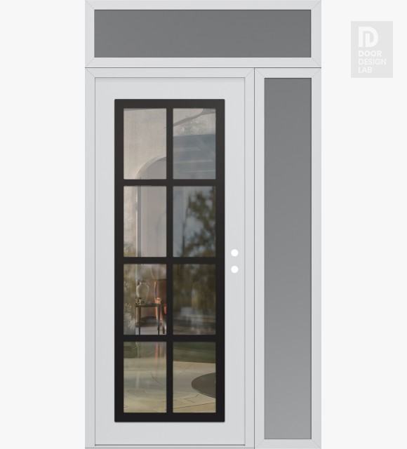 Modern Steel Front Door Diamond C16 52" x 96" white/white clear Glass Panel black LHI with Sidelite and Transom frosted Glass