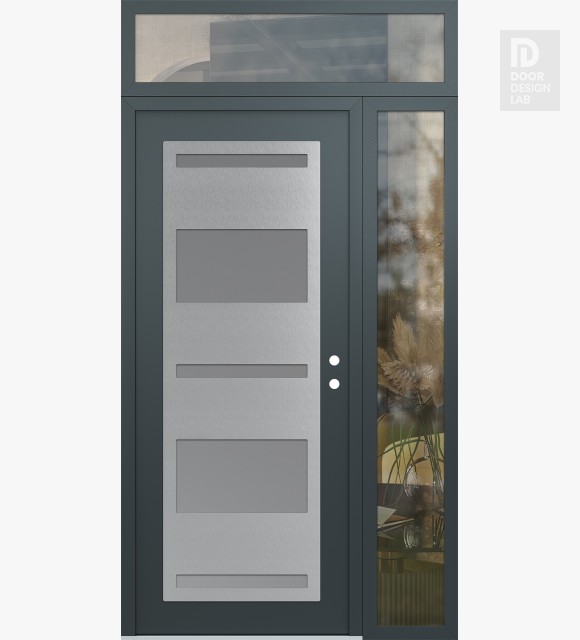 Modern Steel Front Door Diamond C10 52" x 96" anthracite/anthracite frosted Glass Panel stainless steel LHI with Sidelite and Transom clear Glass