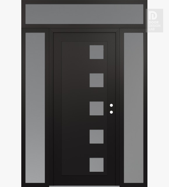 Modern Steel Front Door Diamond C5 64" x 96" black/white frosted Glass Panel black LHI with 2 Sidelites and Transom frosted Glass