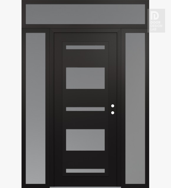 Modern Steel Front Door Diamond C10 60" x 96" black/white frosted Glass Panel black LHI with 2 Sidelites and Transom frosted Glass