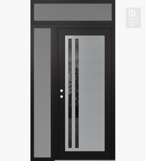 Modern Steel Front Door Diamond C6 52" x 96" black/black mirrored Glass Panel stainless steel RHI with Sidelite and Transom frosted Glass