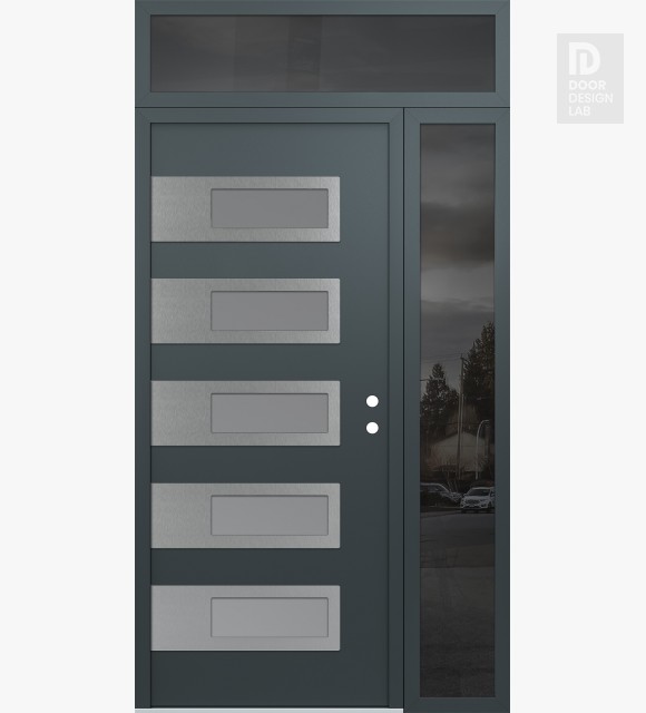 Modern Steel Front Door Diamond D3 48" x 96" anthracite/anthracite frosted Glass Panel stainless steel LHI with Sidelite and Transom mirrored Glass