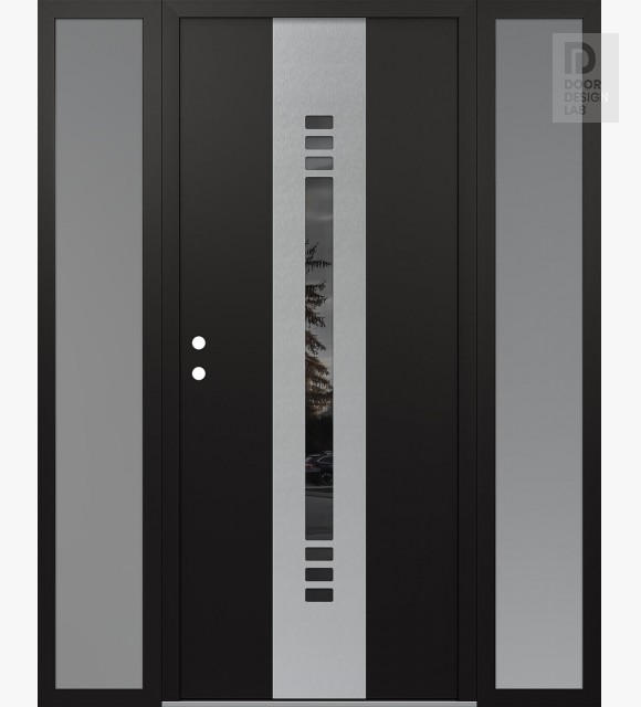 Modern Steel Front Door DIAMOND A5 64" X 80" BLACK/BLACK MIRRORED GLASS PANEL STAINLESS STEEL RHI WITH 2 SIDELITES FROSTED GLASS