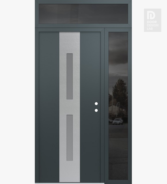 Modern Steel Front Door DIAMOND A6 50" X 96" ANTHRACITE/ANTHRACITE FROSTED GLASS PANEL STAINLESS STEEL LHI WITH SIDELITE AND TRANSOM MIRRORED GLASS