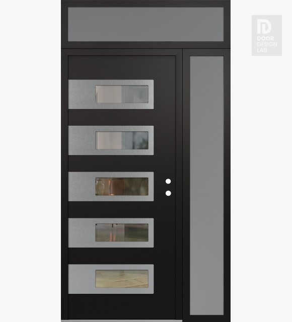 Modern Steel Front Door Diamond D3 48" x 96" black/black clear Glass Panel stainless steel LHI with Sidelite and Transom frosted Glass