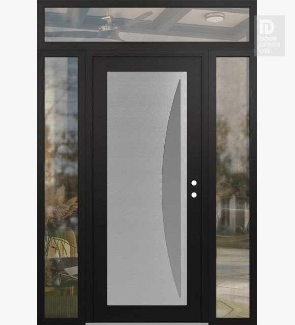 Modern Steel Front Door Diamond C13 64" x 96" black/white frosted Glass Panel stainless steel LHI with 2 Sidelites and Transom clear Glass