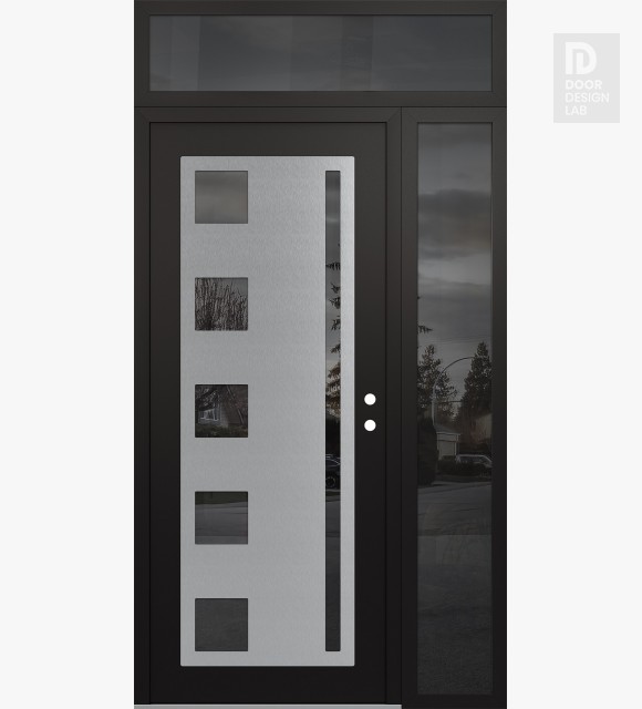 Modern Steel Front Door Diamond C3 52" x 96" black/black mirrored Glass Panel stainless steel LHI with Sidelite and Transom mirrored Glass