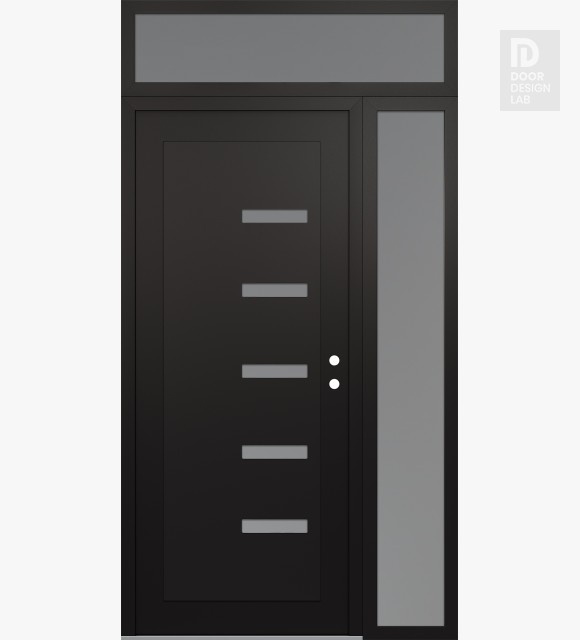 Modern Steel Front Door Diamond C8 50" x 96" black/white frosted Glass Panel black LHI with Sidelite and Transom frosted Glass