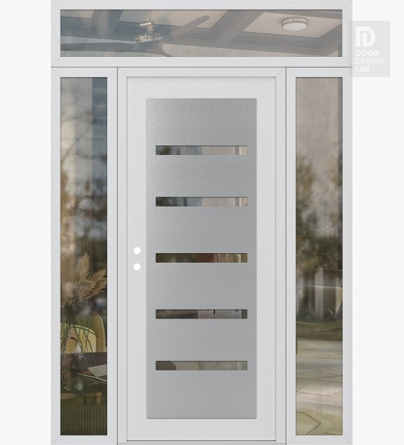 Modern Steel Front Door Diamond C7 68" x 96" white/white clear Glass Panel stainless steel RHI with 2 Sidelites and Transom clear Glass