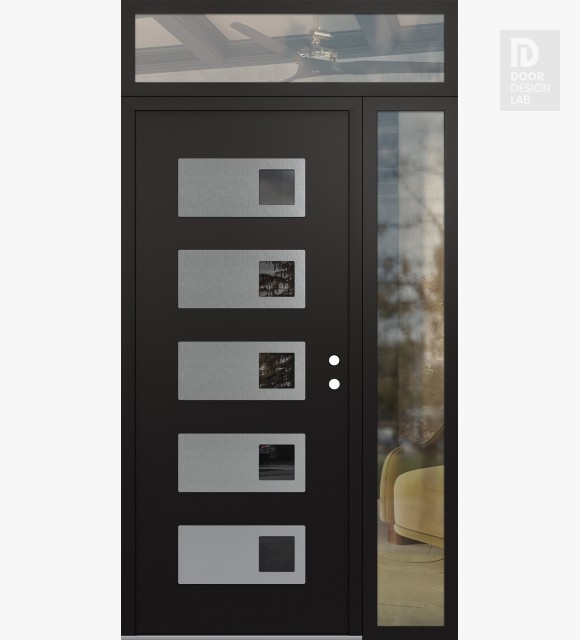 Modern Steel Front Door Diamond D2 52" x 96" black/black mirrored Glass Panel stainless steel LHI with Sidelite and Transom clear Glass