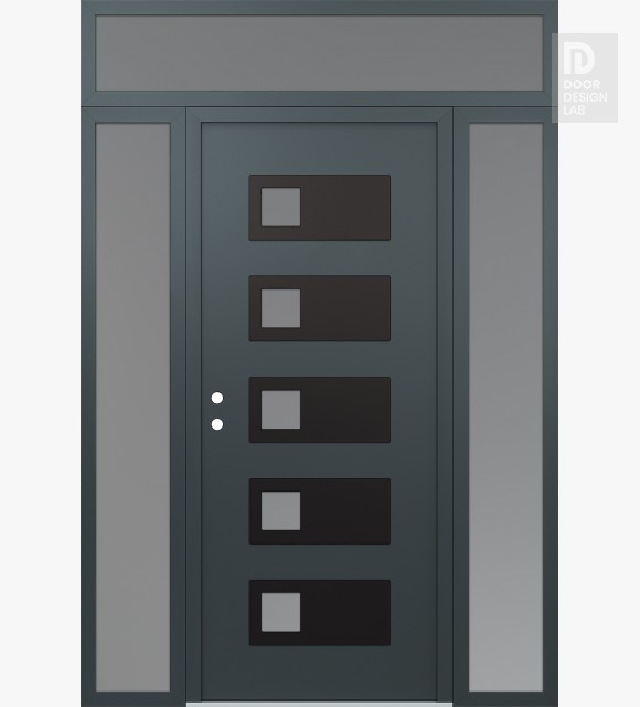 Modern Steel Front Door Diamond D2 60" x 96" anthracite/anthracite frosted Glass Panel black RHI with 2 Sidelites and Transom frosted Glass