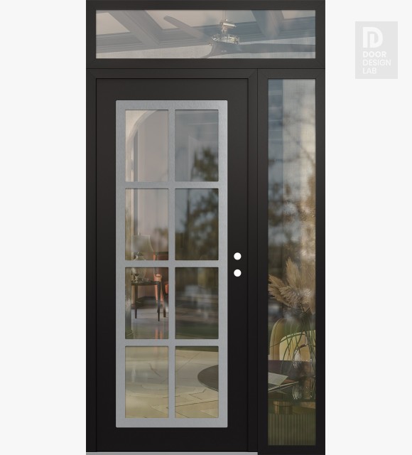 Modern Steel Front Door Diamond C16 52" x 96" black/black clear Glass Panel stainless steel LHI with Sidelite and Transom clear Glass