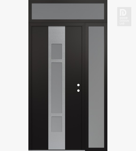 Modern Steel Front Door DIAMOND A9 50" X 96" BLACK/WHITE FROSTED GLASS PANEL STAINLESS STEEL LHI WITH SIDELITE AND TRANSOM FROSTED GLASS