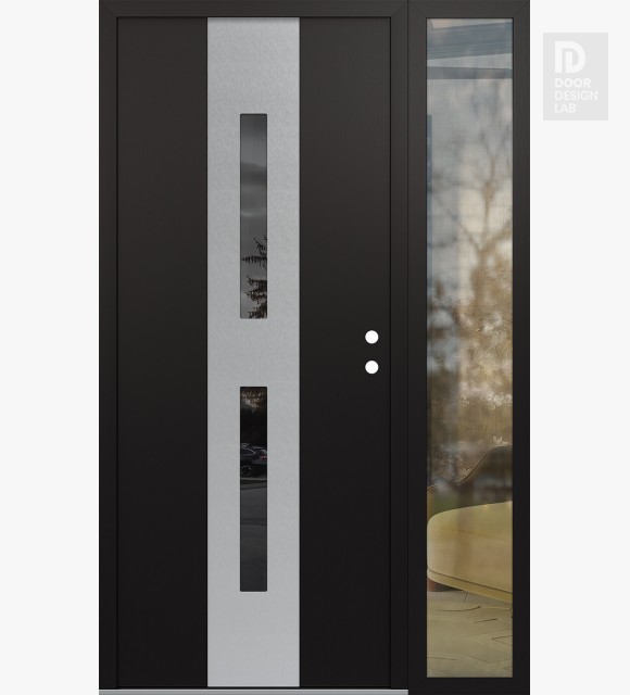 Modern Steel Front Door DIAMOND A6 50" X 80" BLACK/BLACK MIRRORED GLASS PANEL STAINLESS STEEL LHI WITH SIDELITE CLEAR GLASS