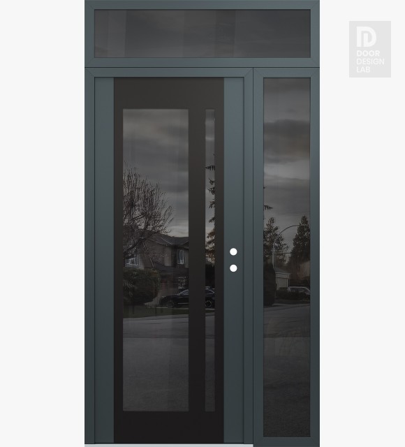 Modern Steel Front Door Diamond C15 50" x 96" anthracite/anthracite mirrored Glass Panel black LHI with Sidelite and Transom mirrored Glass