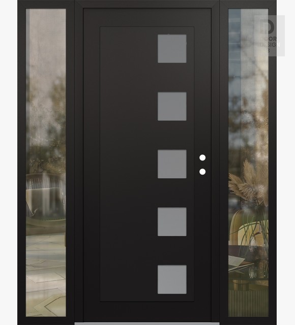 Modern Steel Front Door Diamond C5 64" x 80" black/white frosted Glass Panel black LHI with 2 Sidelites clear Glass